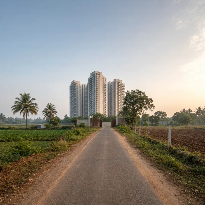 Modern Spaaces Sarjapur Road indicative approach along a village road between fields to the gated compound, the site sitting about a kilometre off the SH-35 alignment
