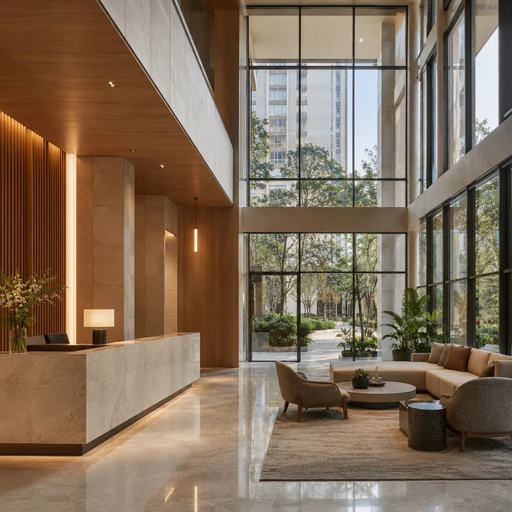 Modern Spaaces Sarjapur Road indicative double-height residential lobby with a stone reception counter and fluted timber wall